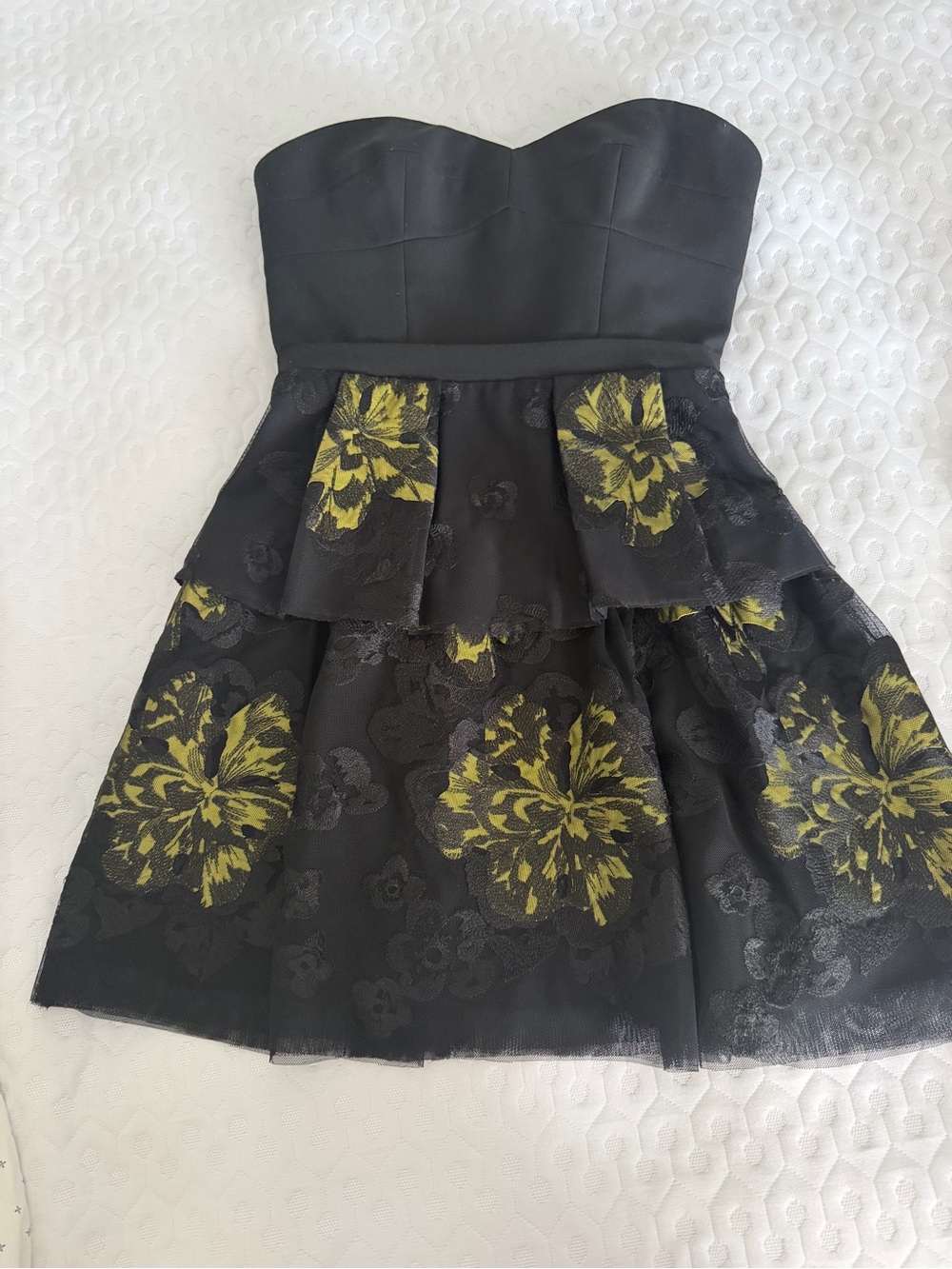 BCBGMaxAzria Black Strapless Peplum Dress with Yellow Floral Accents